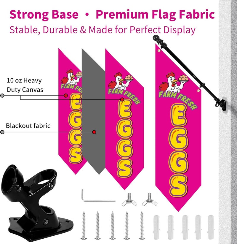 yeload Farm Fresh Eggs Flag with Pole Kit – 42x12inch Double-Sided Heavy-Duty Canvas Flag, Outdoor Rustic Farm Stand or Market Stall Sign, Weatherproof Hanging Advertising Display (Hot Pink) - Image 2